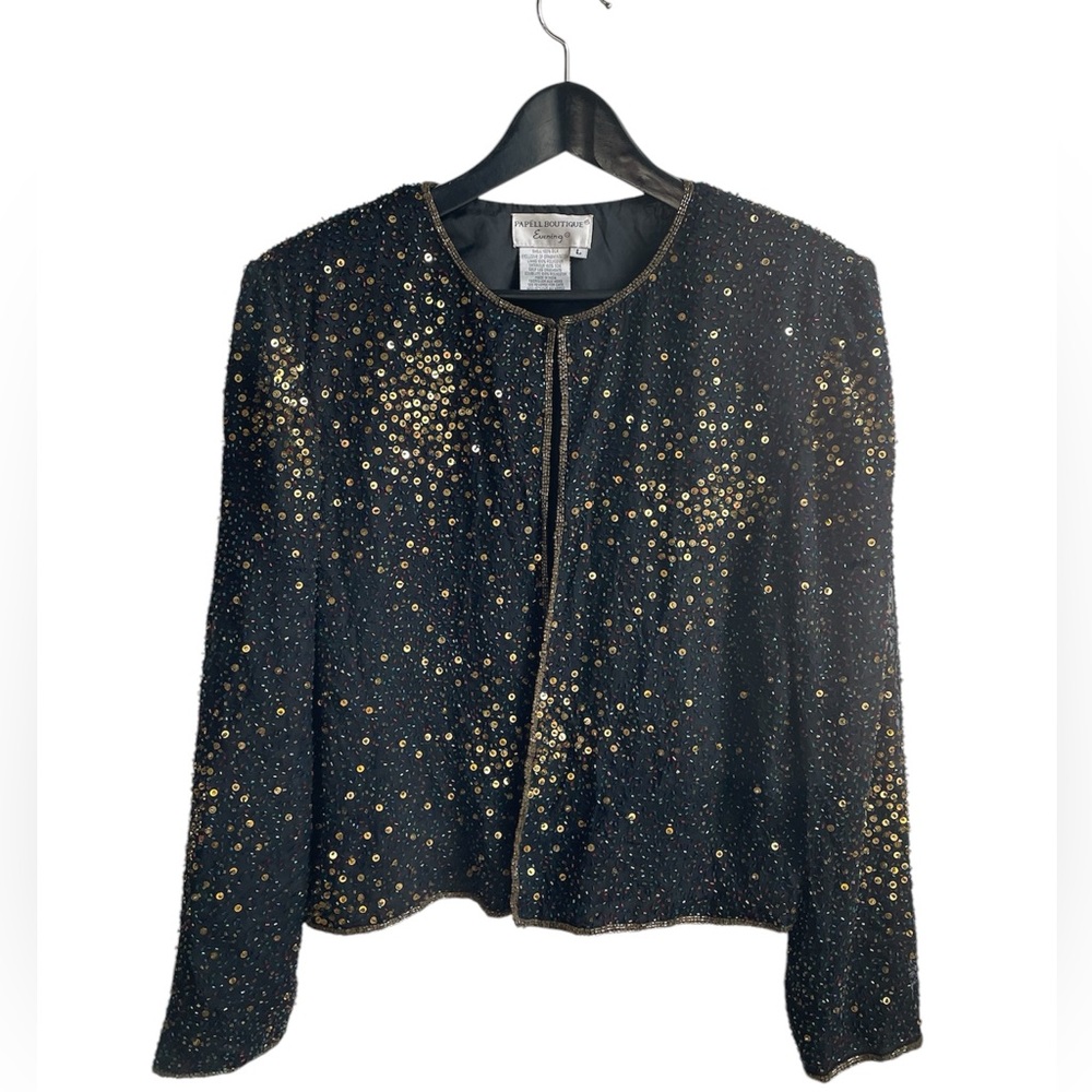 Papell Boutique Beaded Sequin Evening Silk Jacket Black
